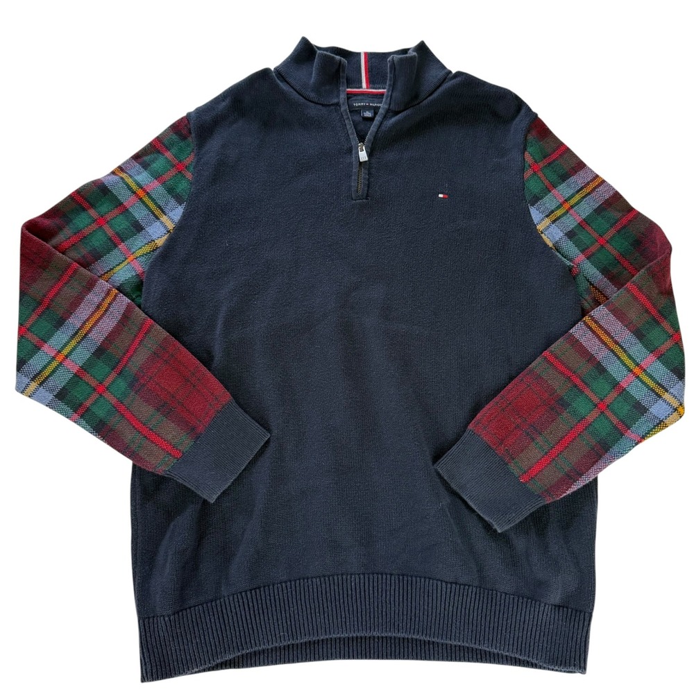 Tommy Hilfiger Mens XL Navy Blue Plaid Sleeve Quarter Zip Cotton Sweater